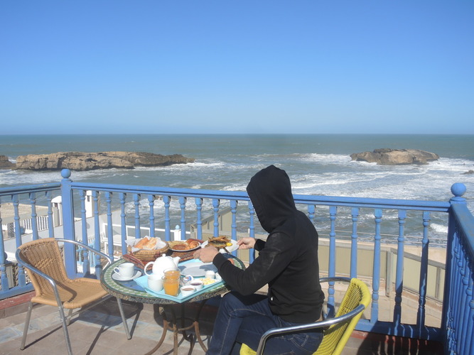 Terrace of a riad Las Roses des Vents with an ocean view
