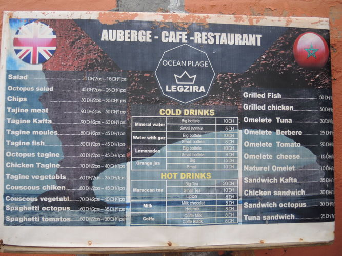 Prices in a restaurant in Morocco
