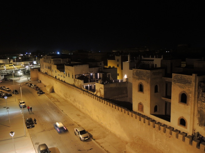 The medina wall in Essaouira at night