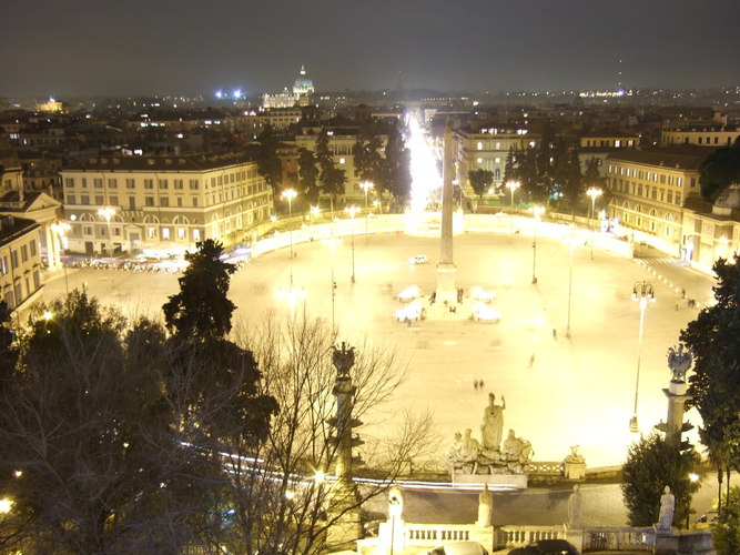 Rome Popolo square at night from Pince Park