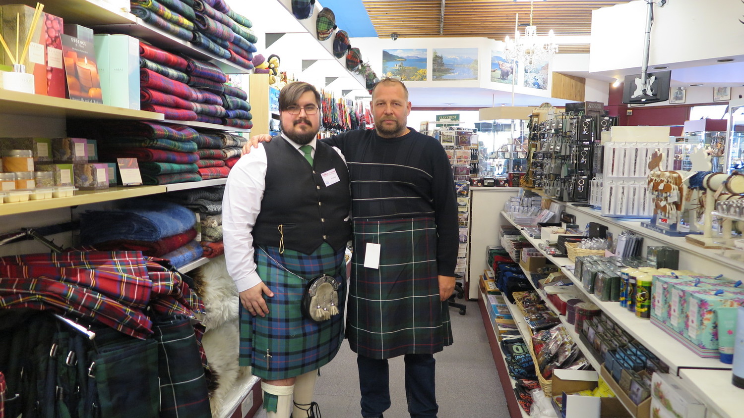 Scotland by car. Traditional kilt skirts